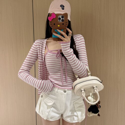 涤纶套头针织背心开衫套装女