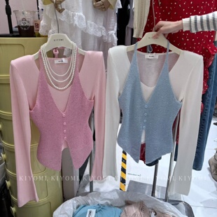 针织衫 十三行KIYOMI2026春新款 撞色假两件V领长袖 气质修身 女 韩版