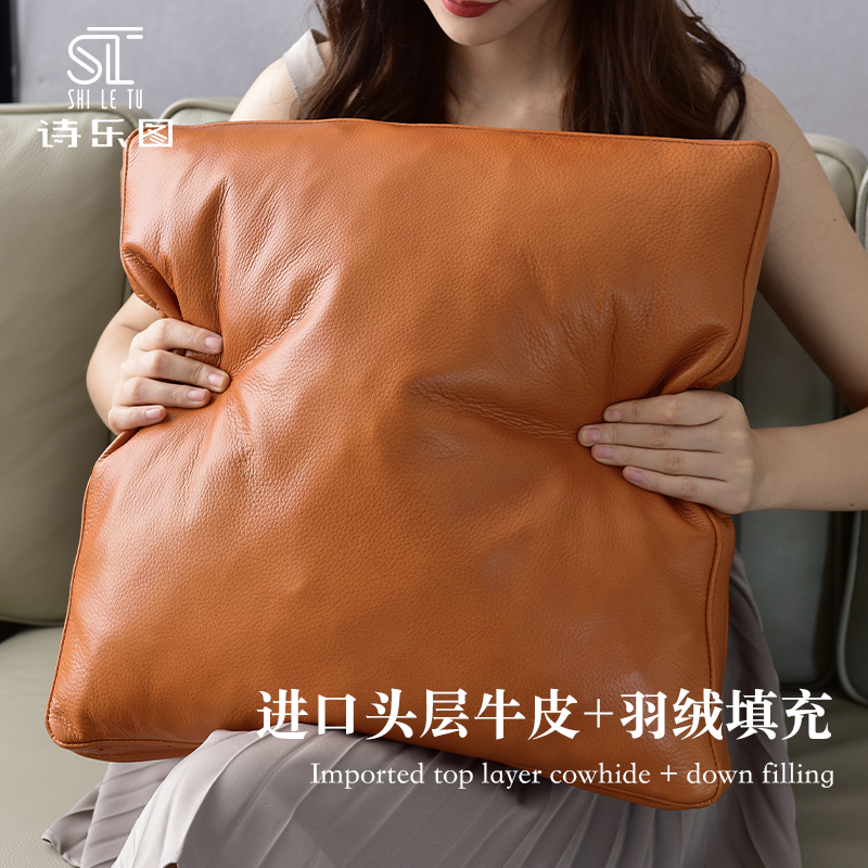 诗乐图真皮抱枕头层牛皮羽绒客卧