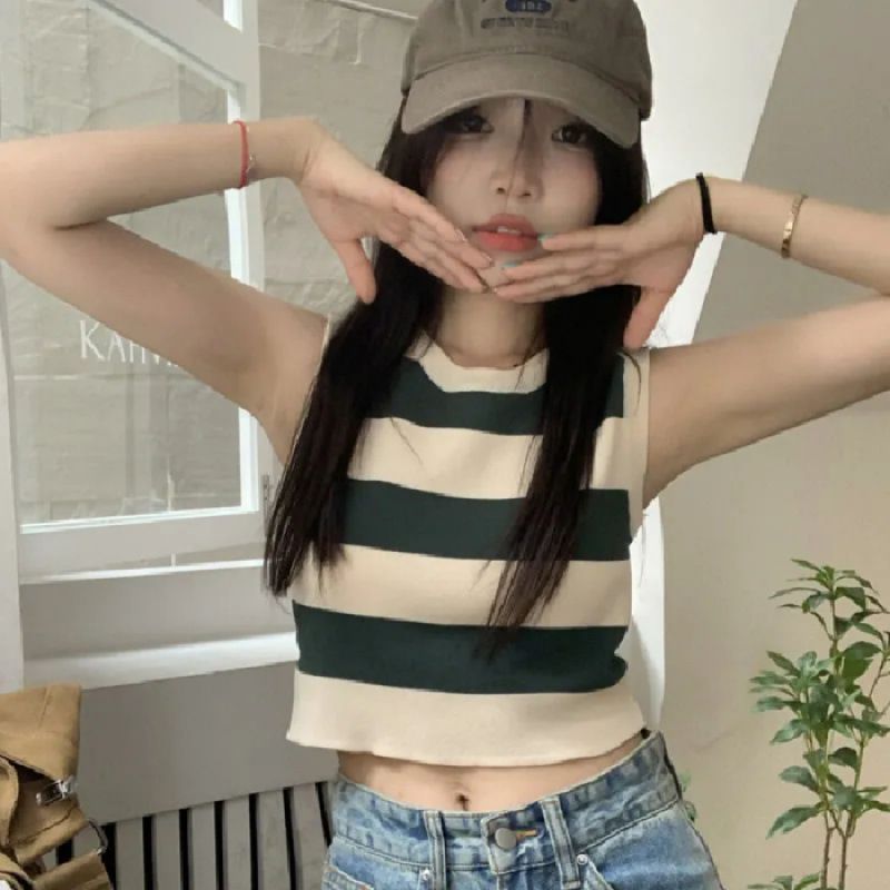 2025夏季新款甜辣条纹针织小背心吊带女内搭外穿短款无袖打底上衣