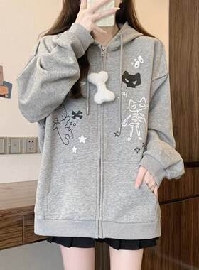 日系卡通小猫印花连帽卫衣女2026秋冬新款设计感萌系宅萌学生情侣
