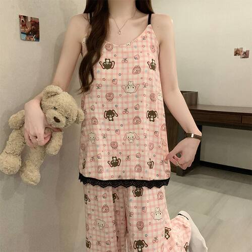 可爱库洛米云朵棉睡衣夏季吊带九分裤少女风时尚家居服套装可外穿