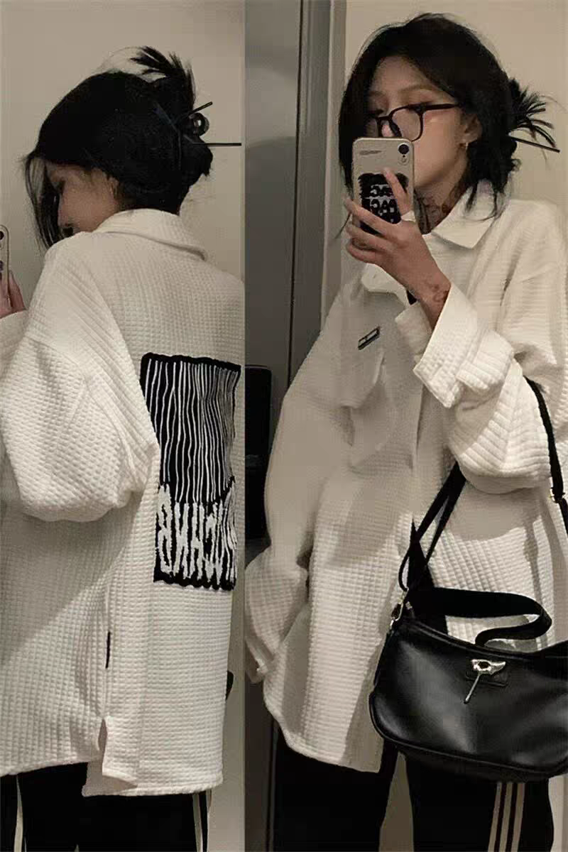 欧美高街华夫格卫衣外套女春秋宽松ins潮原宿港风oversize慵懒风