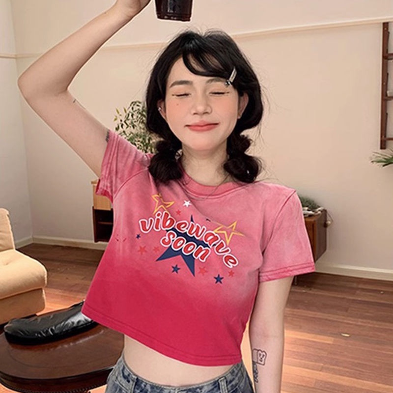 美式复古渐变玫红色正肩短袖t恤女夏多巴胺穿搭修身高腰短款上衣