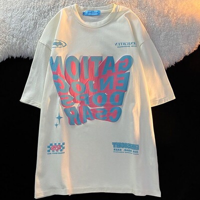 夏季ins复古印花宽松短袖T恤女