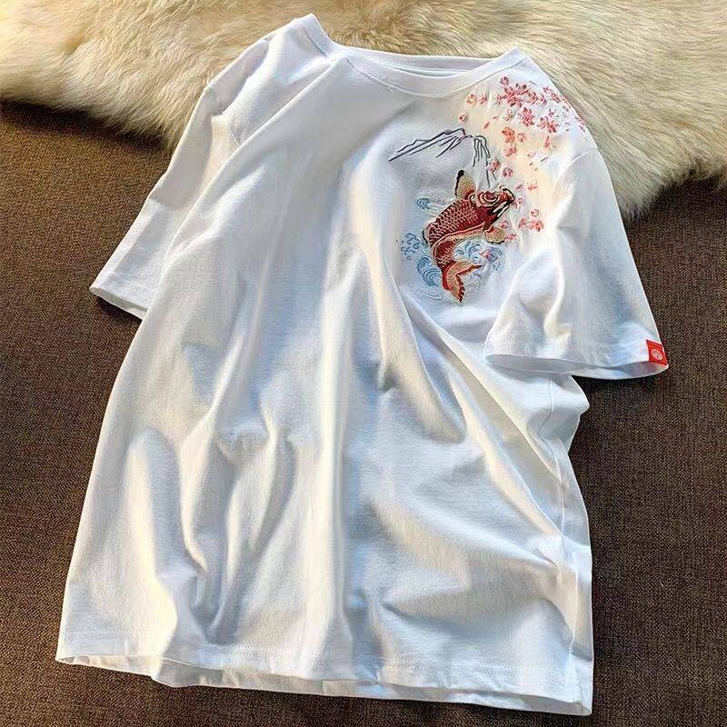2025年春夏新款中国风刺绣鲤鱼国潮休闲大码短袖T恤宽松男女情侣