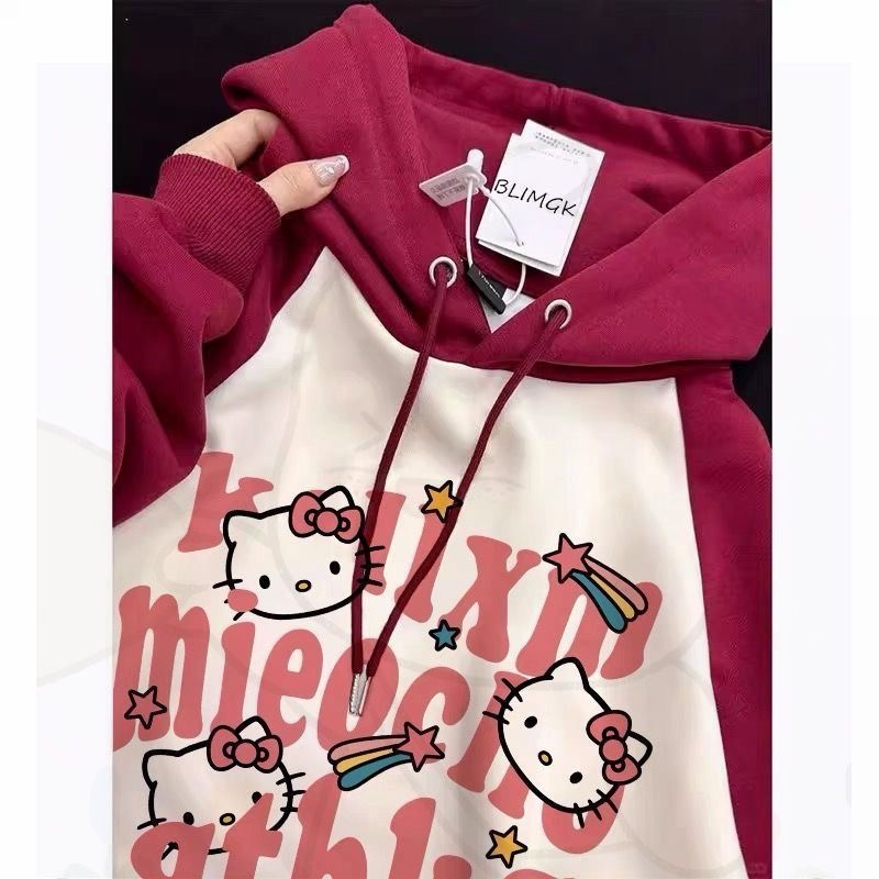 秋冬2025新款凯蒂猫拼色卫衣女连帽加绒加厚宽松可爱小众学生上衣