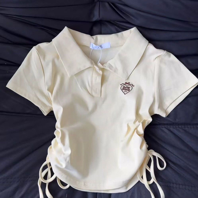 学院风辣妹polo领短袖女夏季新款樱桃刺绣撞色t恤修身显瘦上衣tee