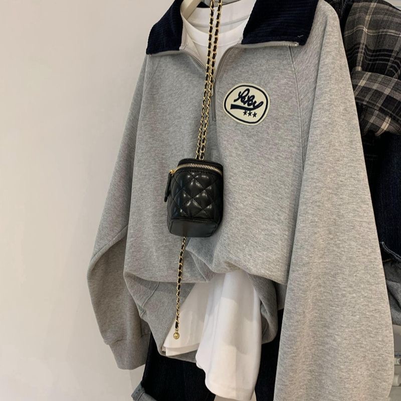 胖妹妹大码女装Polo领卫衣女宽松高级感百搭显气质半拉链翻领上衣