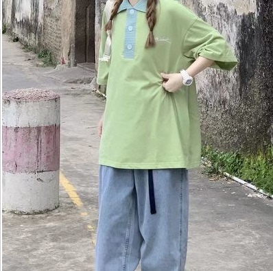 初中生polo领女t恤夏季正肩短袖美式复古牛油果绿上衣七分袖半袖