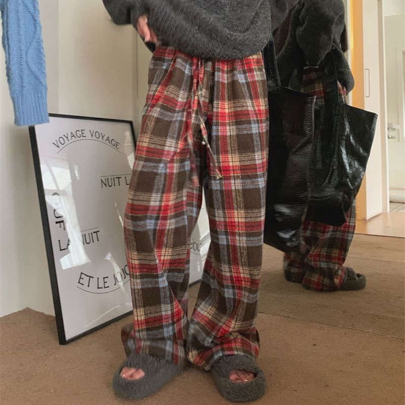 高腰阔腿裤女宽松直筒复古红色格子休闲裤秋冬高街慵懒风长裤子潮
