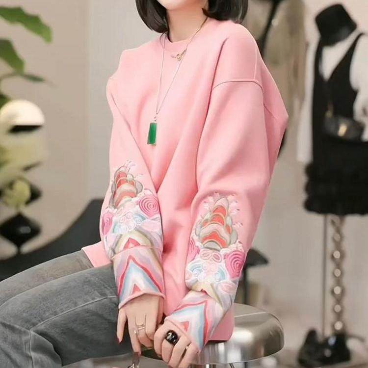 高级新中式印花粉色卫衣女春季新款今年流行上衣复古国风高端小衫