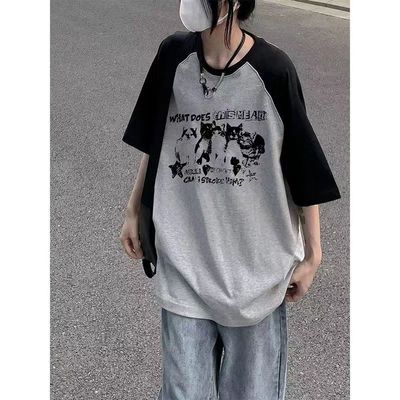 夏季美式新款高街盐系短袖t恤女学生宽松慵懒风ins插肩撞色上衣潮