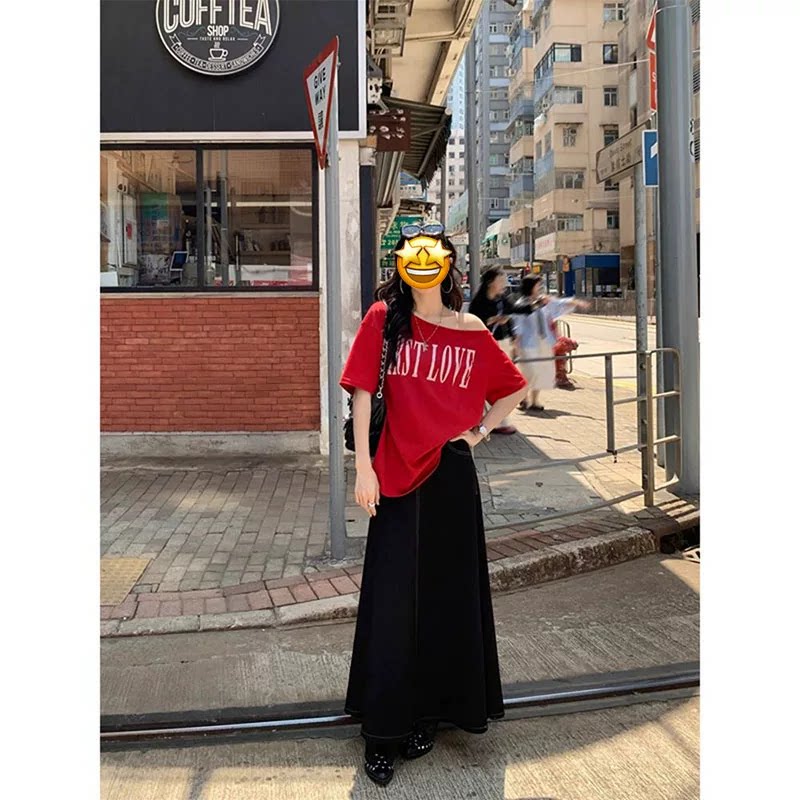 美式复古辣妹斜领短袖T恤女夏季小众慵懒宽松显瘦百搭露肩上衣潮