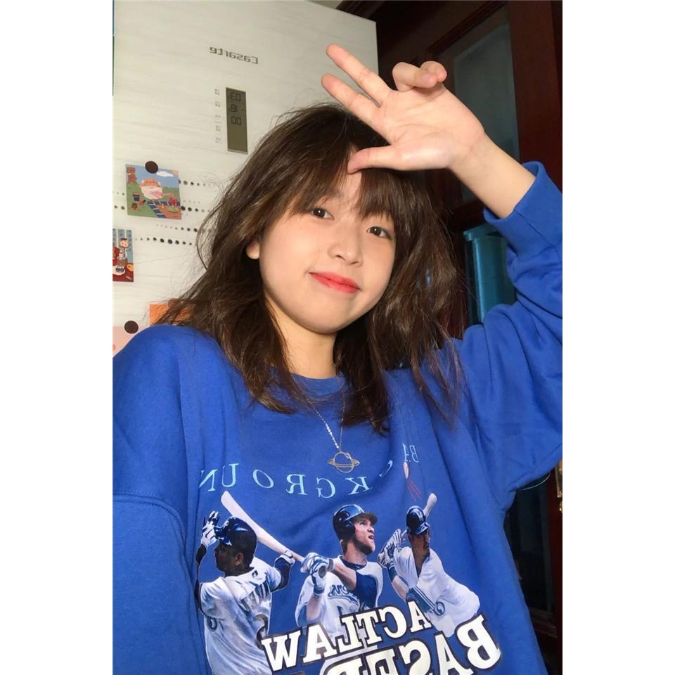 高级感圆领新款美式时尚蓝色薄无帽卫衣设计感纯色小众长袖上衣女