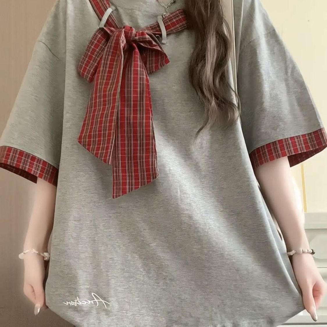 美式蝴蝶结格子设计绑带灰色短袖t恤女夏季高级感宽松百搭上衣潮