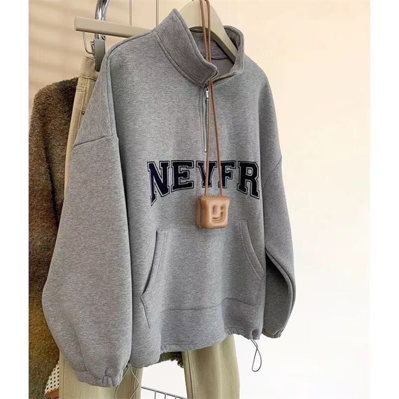 冬季2025新款灰色抽绳立领半拉链卫衣女秋爆款小个子上衣设计感