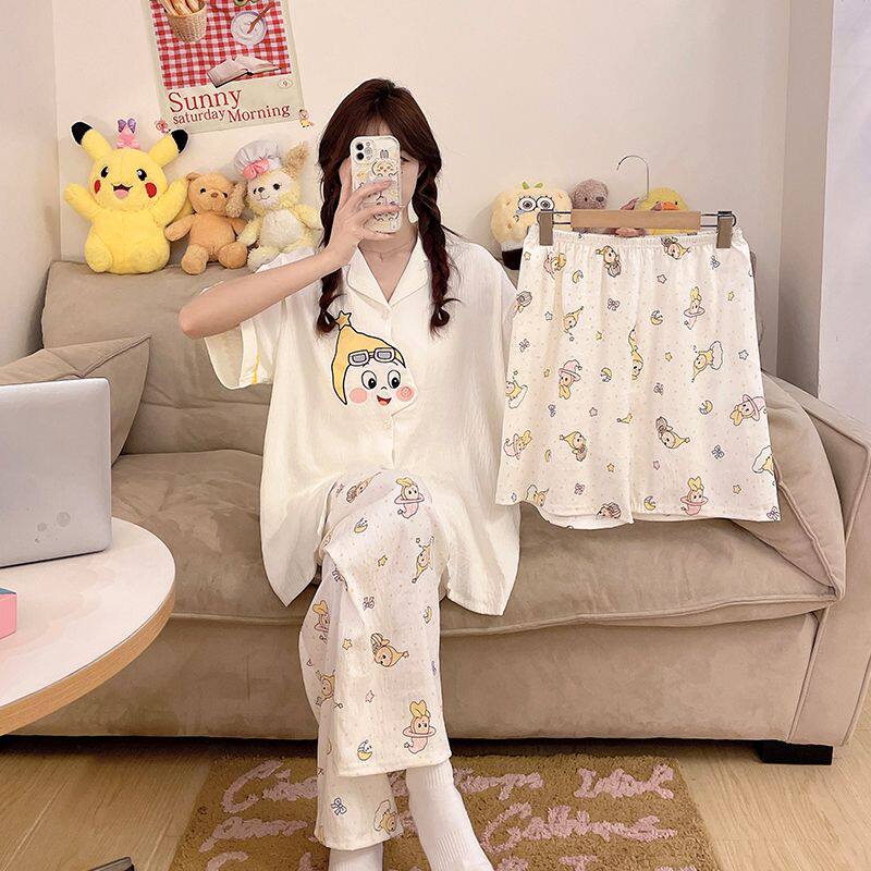 2026新款卡通星星人短袖三件套睡衣女夏季薄款甜美学生家居服套装