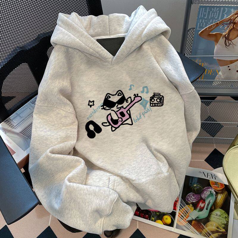 日系学院风印花厚款连帽卫衣女秋冬oversize宽松卡通印花情侣上衣