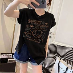 纯棉t恤小众设计感2023新款 上衣 女韩版 圆领ins印花不规则开叉短袖