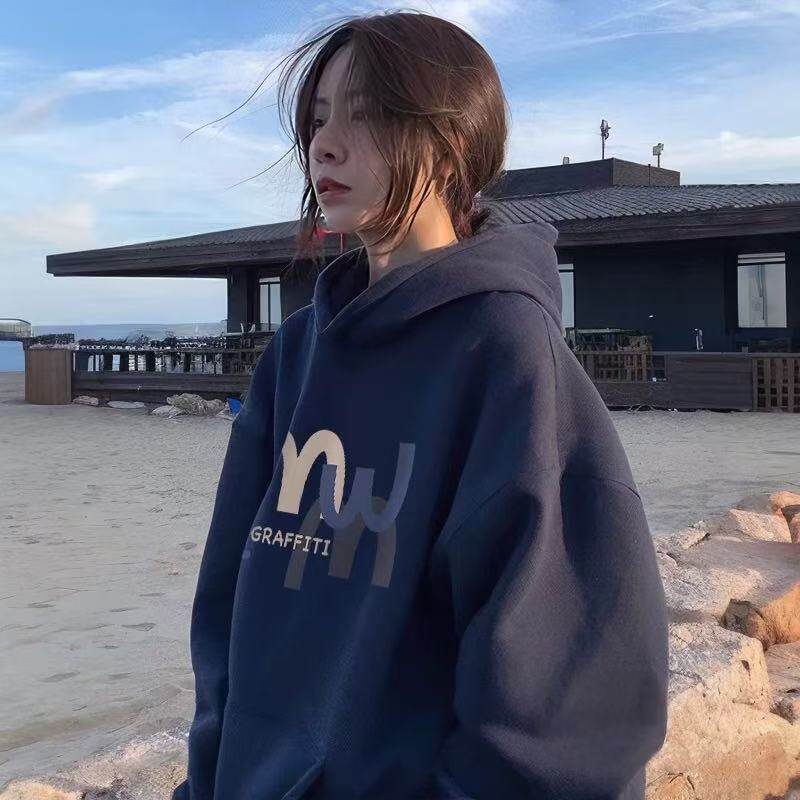 秋冬字母印花加绒加厚连帽卫衣男女同款外套潮牌美式宽松上衣