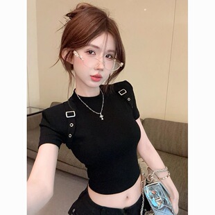 美式高级感黑色正肩短袖t恤女夏季新款别致修身露脐辣妹短款上衣