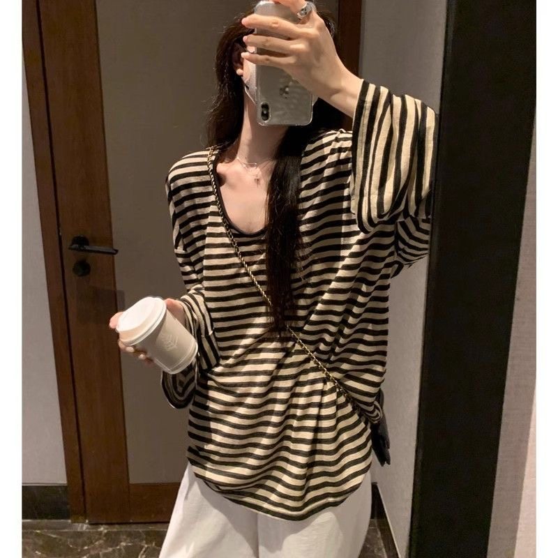 2025新款慵懒风条纹长袖防晒T恤女夏季chic穿搭宽松罩衫薄纱上衣