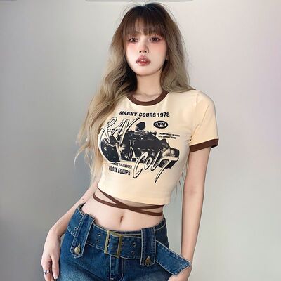 夏季新款美式复古印花圆领设计感短袖T恤街头小众修身短款上衣女
