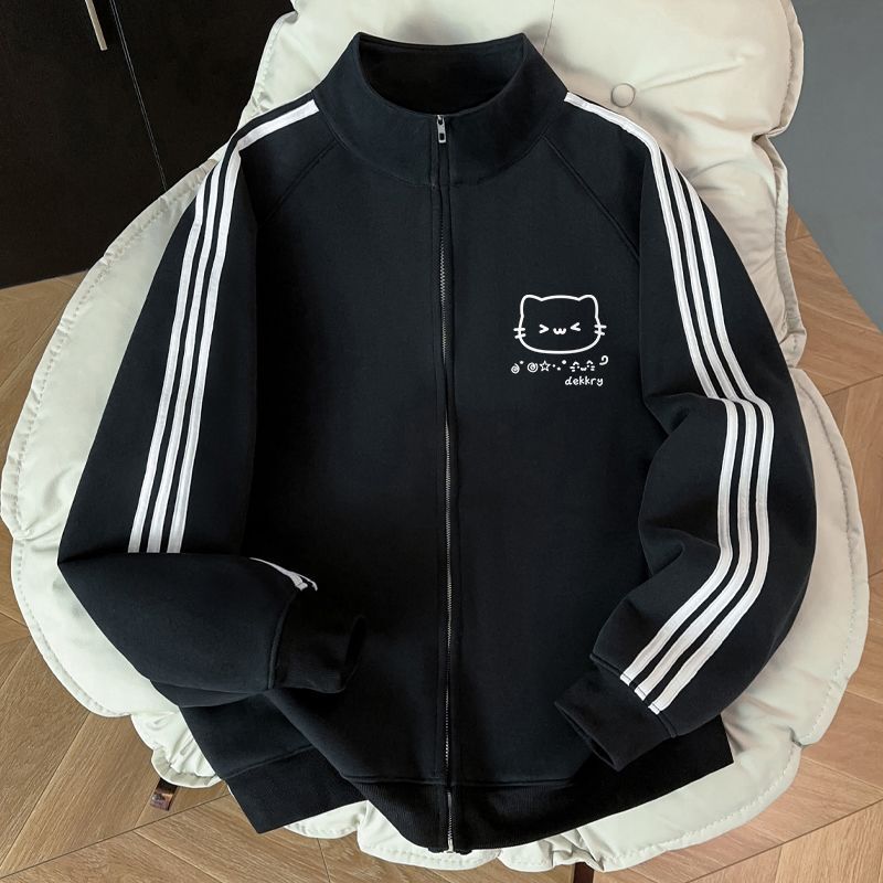 小猫线条印花三条杠黑色无帽立领卫衣拉链开衫秋冬季运动上衣INS