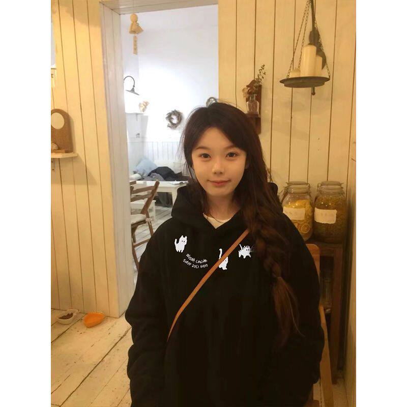 甜美式运动连帽卫衣秋冬宽松厚款彩色小狗印花慵懒上衣学院少女感