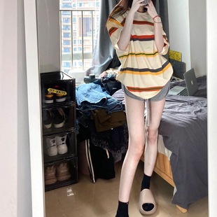 简约百搭chic港味中长T恤 韩版 2025日系条纹短袖 T恤女宽松大版 时尚