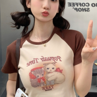 猫咪正肩短袖 上衣ins甜辣bm t恤女修身 显瘦拼接撞色甜美纯欲风短款