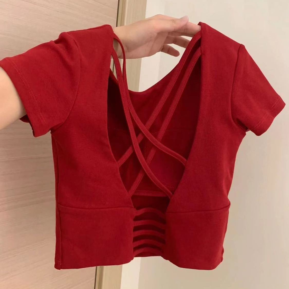 带胸垫交叉美背免穿内衣上衣式短款辣妹短袖T恤女百搭纯色韩版潮