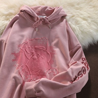 新款多巴胺连帽卫衣女春秋印花慵懒风oversize宽松情侣上衣高级感