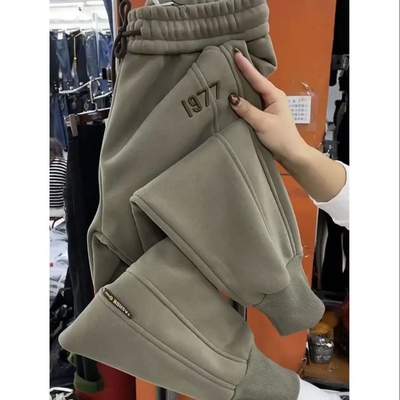 百搭纯色字母欧货加绒加厚束脚休闲裤女宽松百搭小个子抽绳哈伦裤