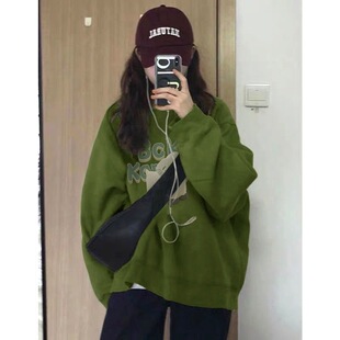 美式复古设计感圆领卫衣男女2026春秋新款加绒加厚oversize军绿色