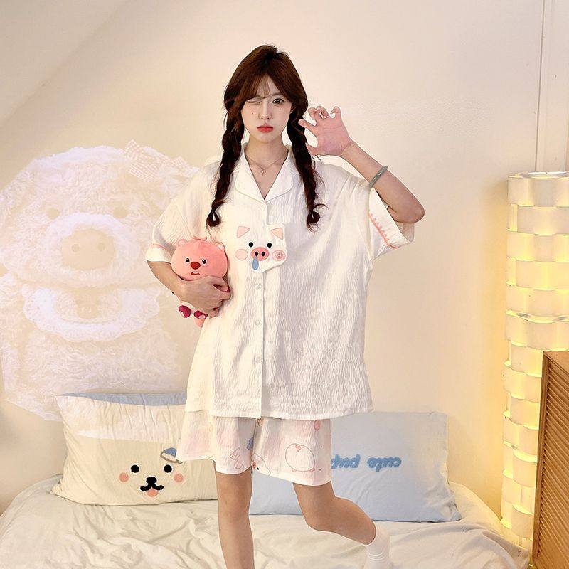 可爱小猪睡衣女生新款夏天短袖开衫宽松短裤长裤三件套时尚家居服