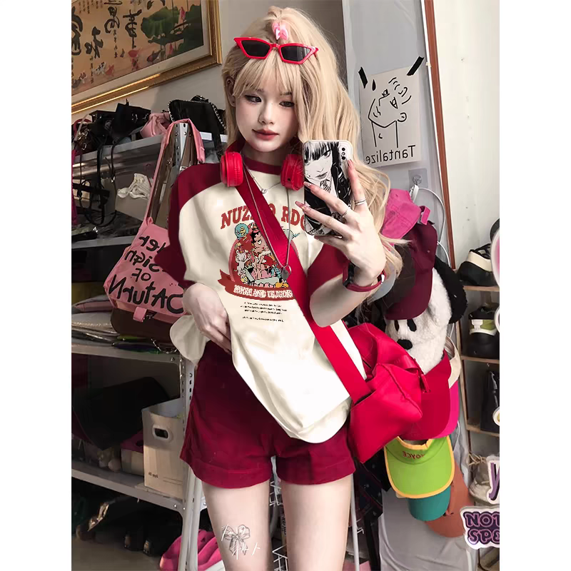 短袖t恤女夏季2024新款多巴胺穿搭美式高街纯棉插肩宽松半袖上衣