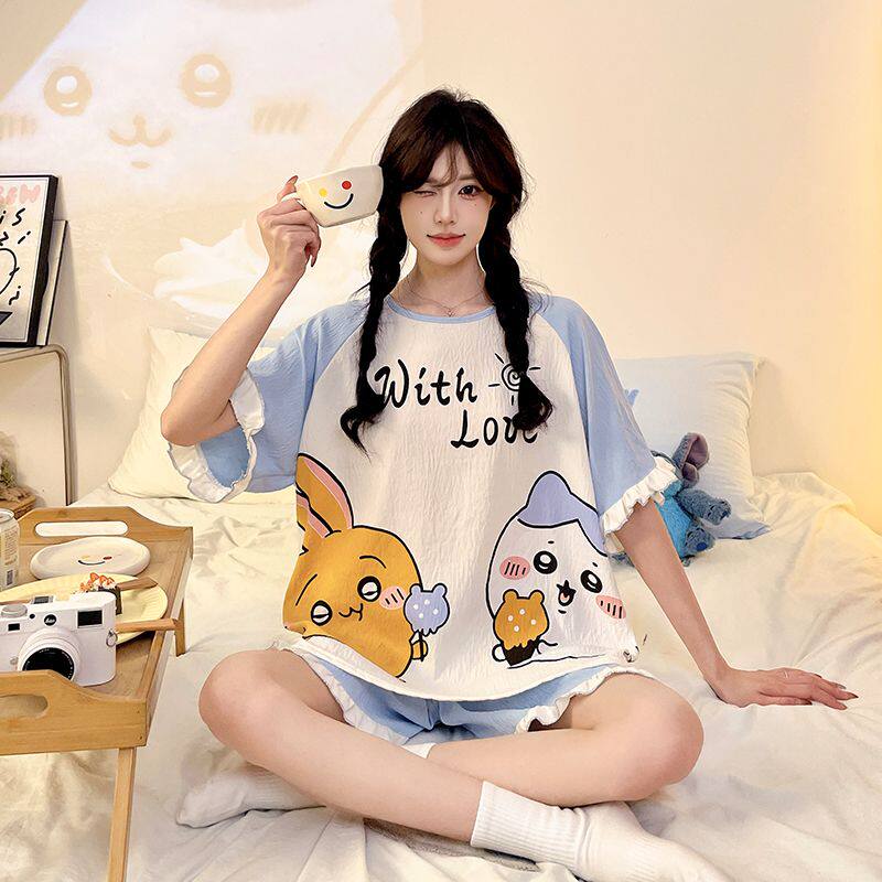 睡衣女2026新款夏季短袖短裤云朵纯棉卡通可爱学生夏天家居服套装