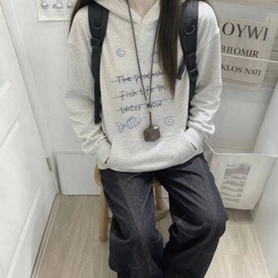 秋冬季小鱼字母印花连帽卫衣女学生韩版宽松初高中生加绒加厚外套