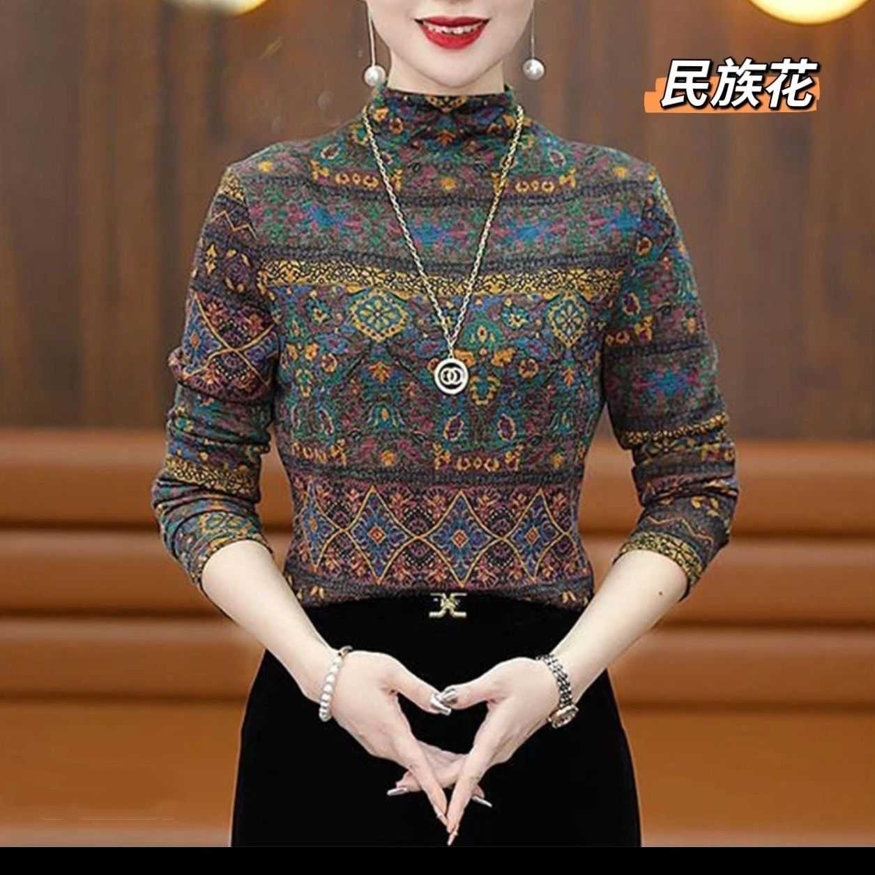 秋冬新款洋气保暖打底显瘦拼色长蕾丝衫/雪纺衫