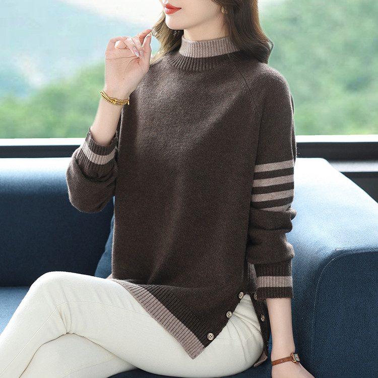 街头风半高领套头毛衣女秋冬宽松大码针织衫条纹拼接上衣