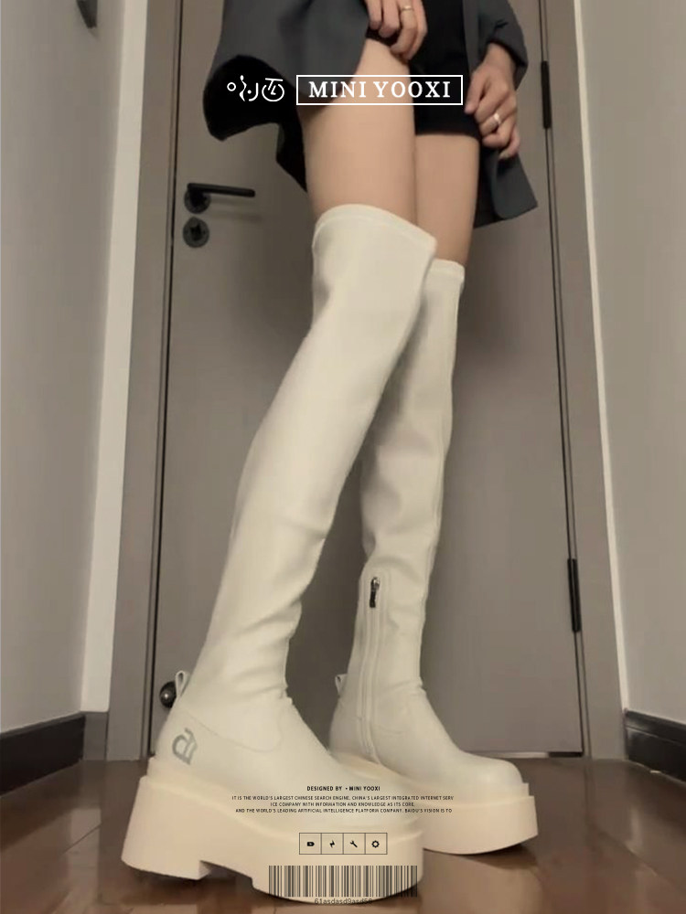 여성을 위한 무릎 위 부츠 증가 2024 새로운 가을 겨울 신축성 있는 슬리밍 두꺼운 밑창 흰색 부츠 두꺼운 다리와 뚱뚱한 MM 하이 부츠