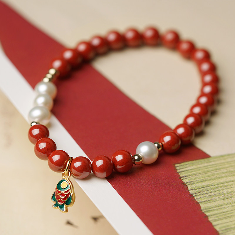 朱砂珍珠手链女转运珠子天然帝王红朱砂手串原石母亲节礼物