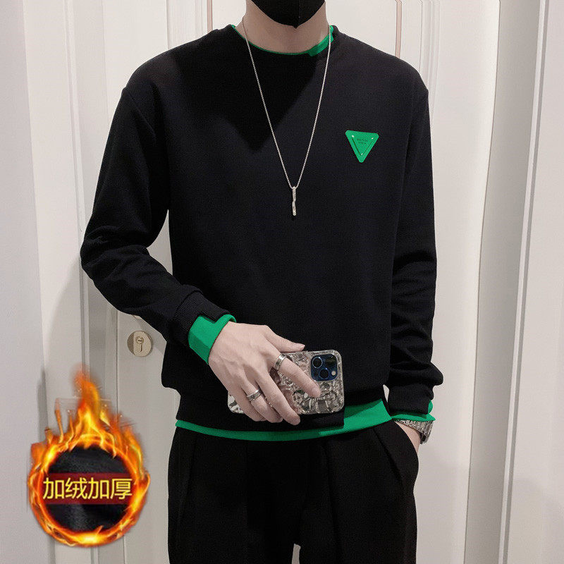 봄 가을 남성 가짜 투피스 벨벳 스웨트 셔츠 재킷 남성용 긴팔 티셔츠 트렌디 캐주얼 겨울 탑