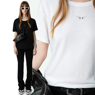 ZV前面翅膀烫钻下摆字母印T恤