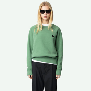 25早秋新款法国小众ZV爱心刺绣绣花洗水炒色绿色做旧女士圆领卫衣