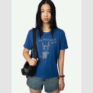 25夏季新款法国小众ZV小恶魔娃娃英文烫钻棉质女士圆领短袖T恤衫