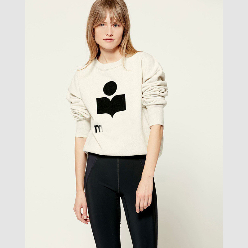 thumbnail for Autumn and winter new European and American women's clothing IS classic flocking logo print black and white cotton crew neck pullover sweatshirt