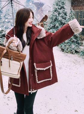 红色复古羊羔毛拼派接连帽克服女205冬小个子C021-311洋气保暖2工